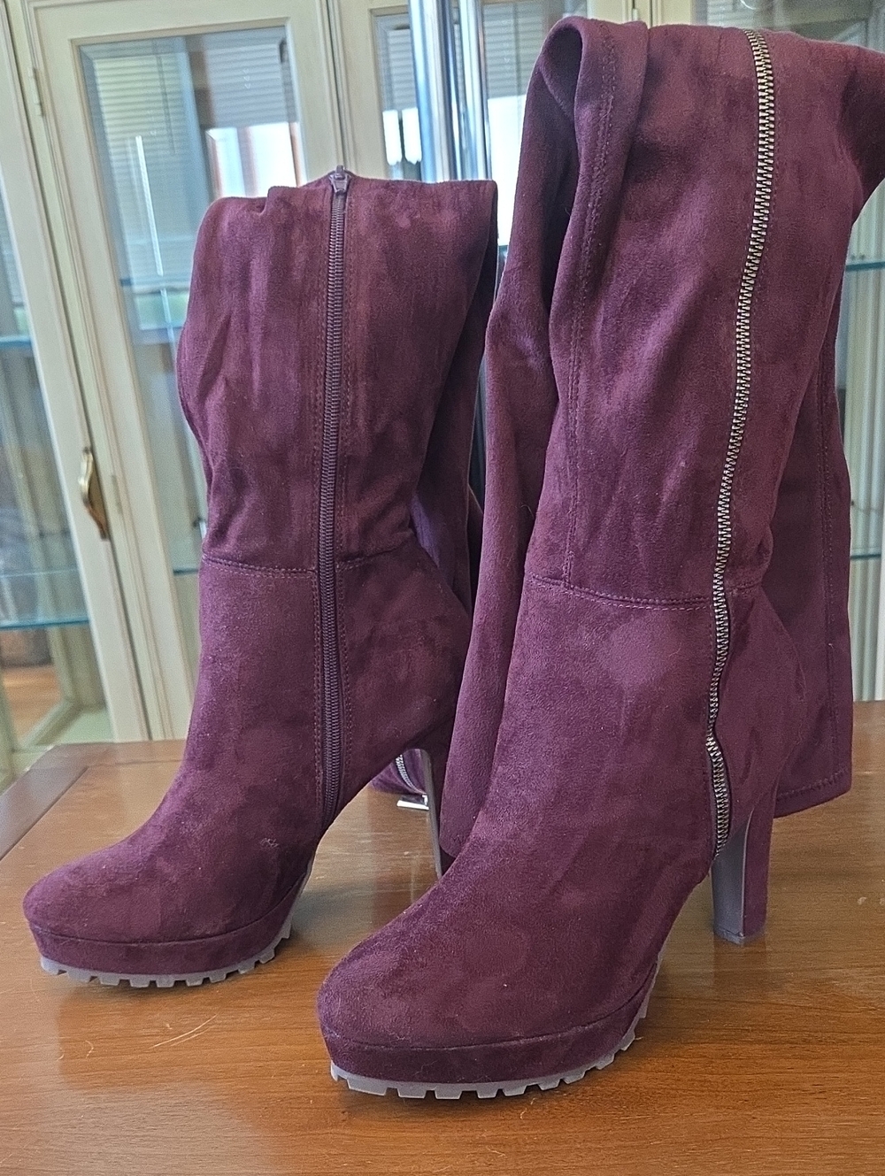 Oxblood Faux Suede Platform Heeled Over The Knee Boots - Picture 9 of 11
